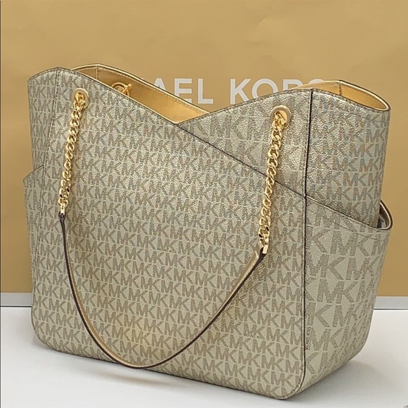 MICHAEL KORS LARGE X CHAIN SHOULDER TOTE BAG PALE GOLD COLOR - Picture 6 of 16